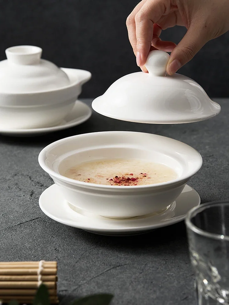 

Hotel Ceramic Soup Bowl with Lid Water-Insulated Soup Bowl for Health Care Porridge Dessert Bowl for Fish Fin Soup