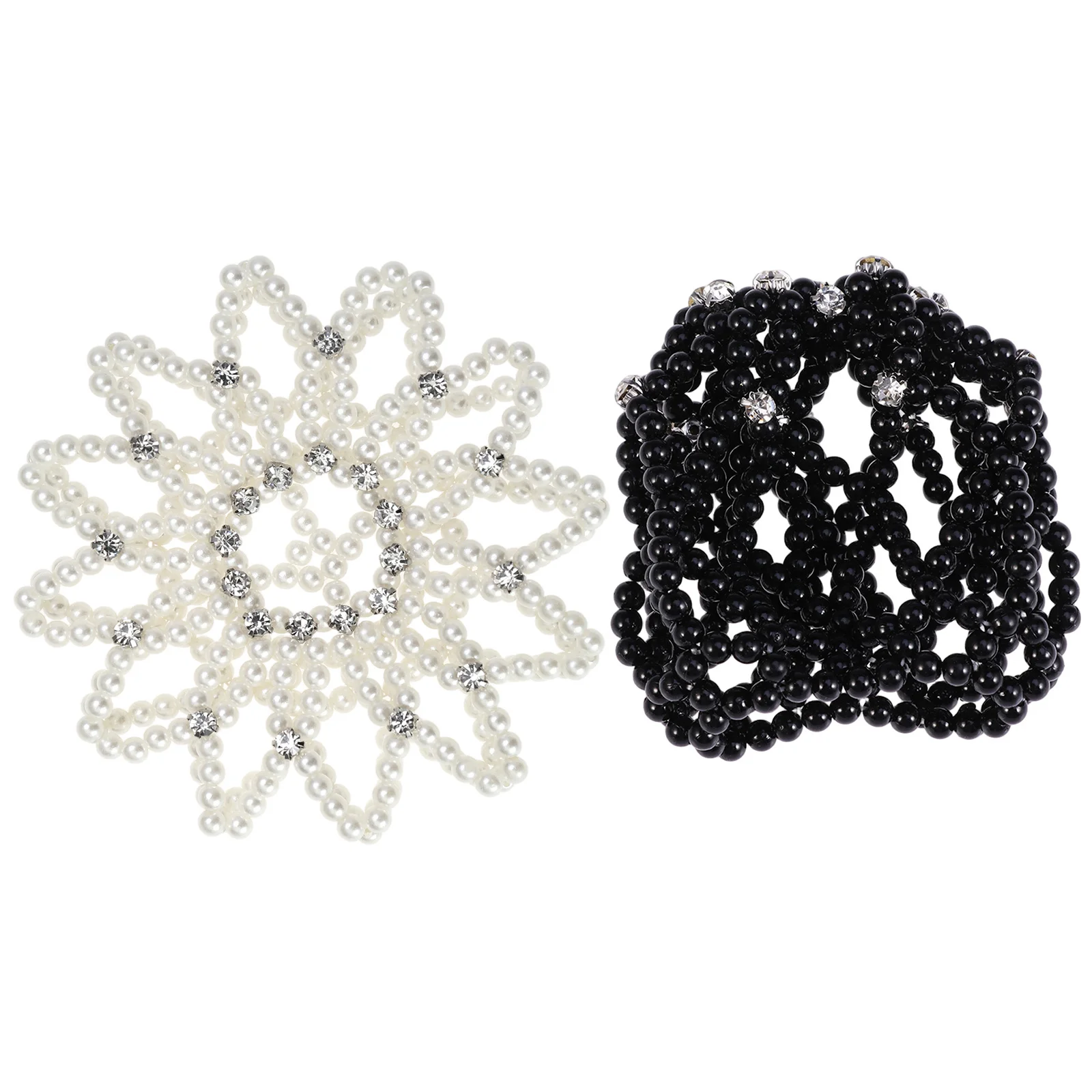 

2pcs Ballet Net Bun Handmade Crochet Cover Pearl Rhinestone Elastic Hair Bun Net For Dance Performance - Crochet Hair