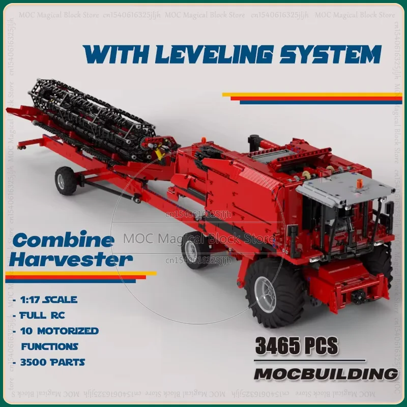 Moc Building Block Motored Red Combine Harvester With Leveling System Truck Technology Bricks Children Toys Collection