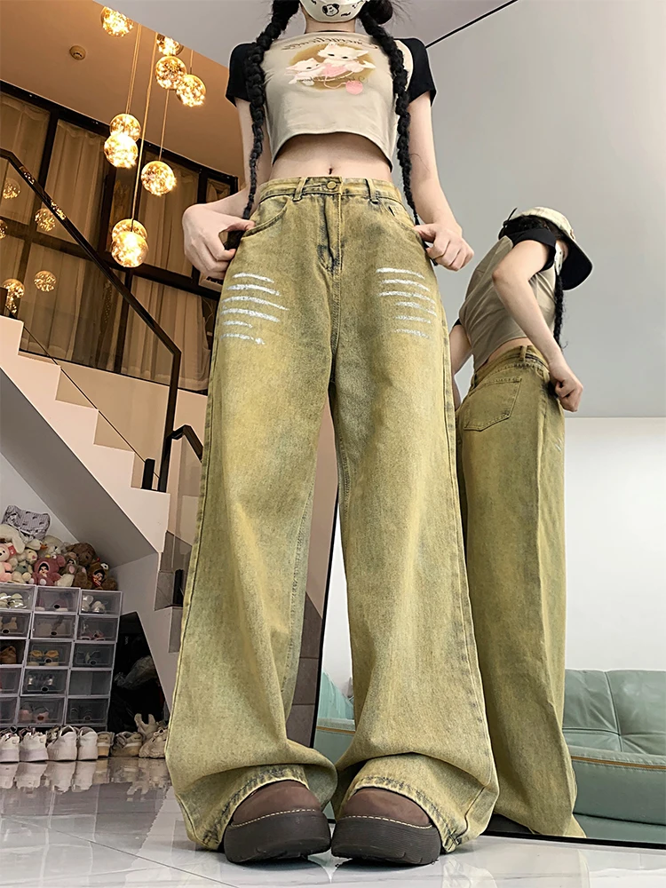 Women's Green Jeans Harajuku Y2k 2000s Baggy Denim Trousers 90s Aesthetic Streetwear Jean Pants Fashion Vintage Trashy Clothes