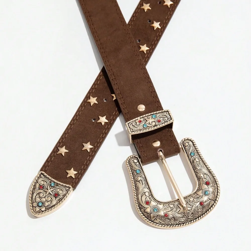 1 Piece of Coffee Colored Retro Gold Star Metal Western Style Carved Buckle PU Belt for Daily Commuting Women's Belt