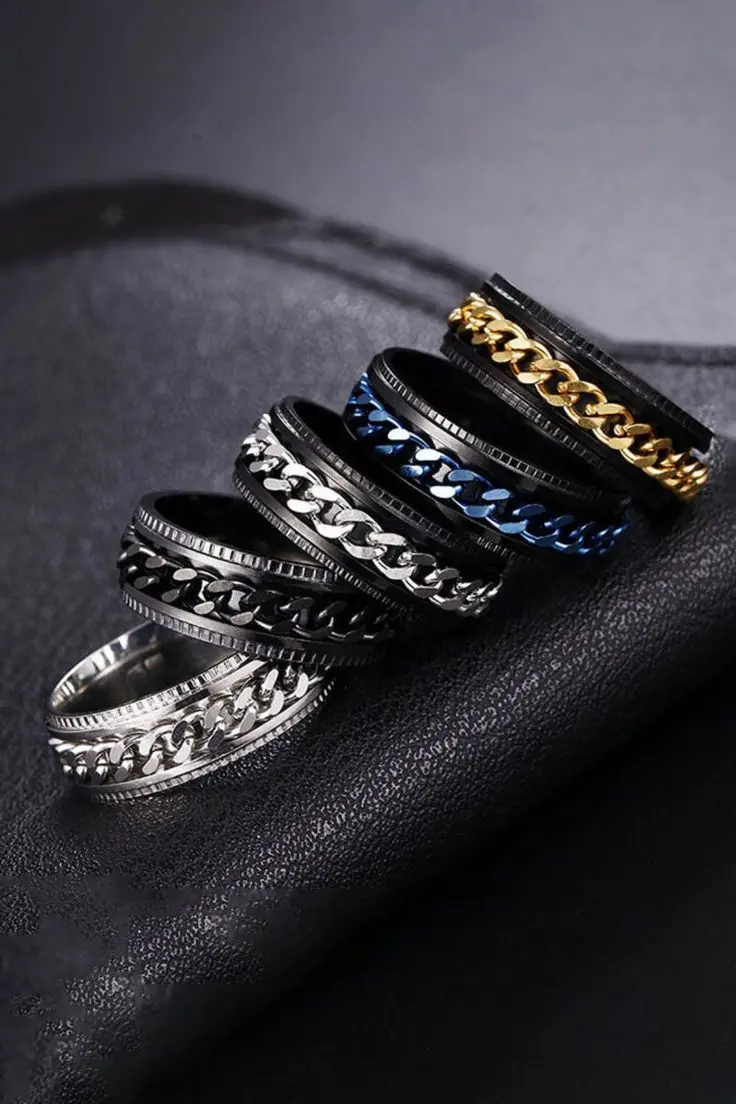 Anxiety Fidget Rings For Men Spining Titanium Stainless Steel Colorfully Spinner Rotatable Chain Jewelry Rotating Rings Men Gift