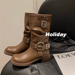 Mid Calf Women's Motorcycle Boots Street Style Woman Punk Winter Boots Leather Riding Equestrian Boots with Buckle Botas  Mujer