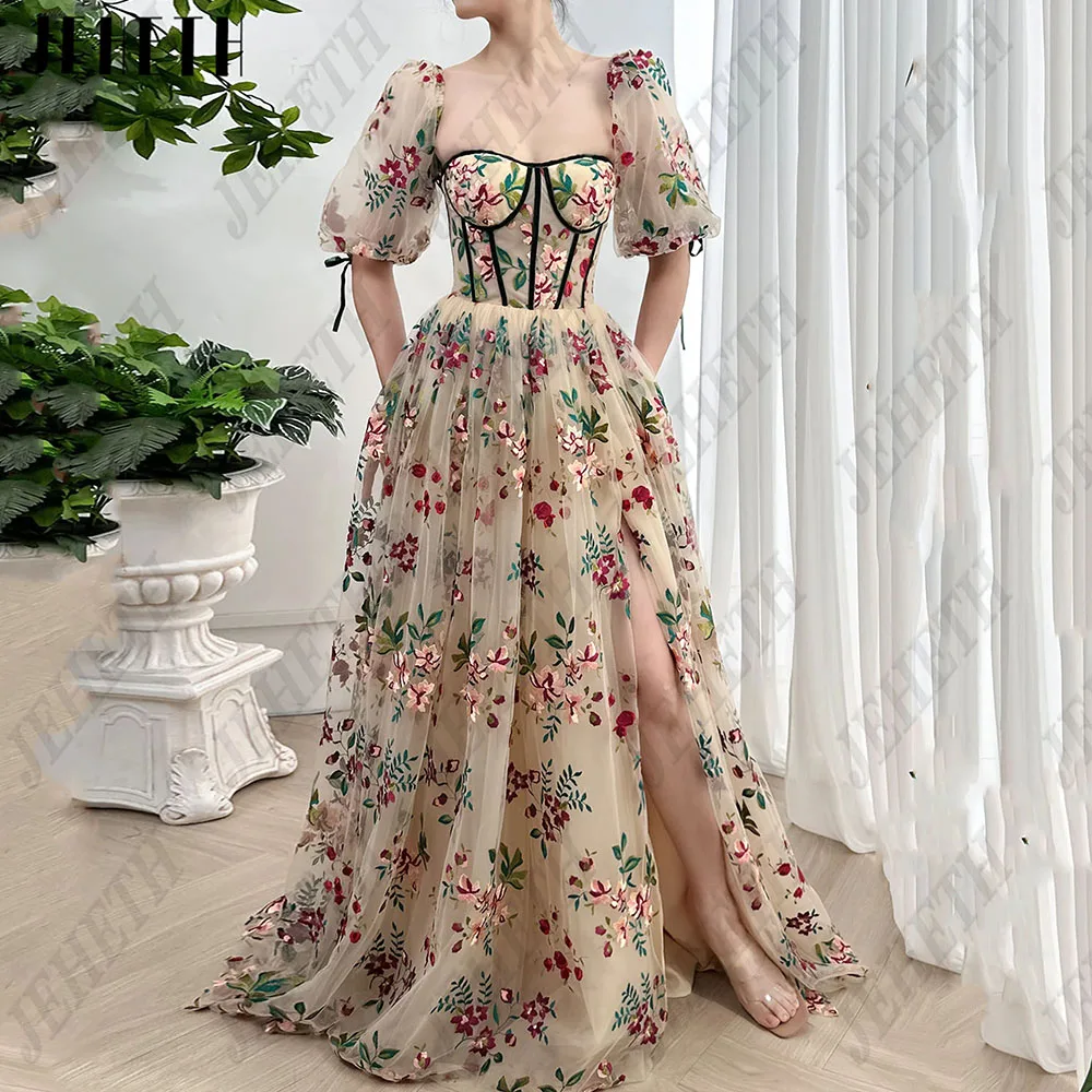

JEHETH Floral Embroidery Prom Party Gowns Corset Back Puff Sleeves Long Evening Dress Side Split Formal Occasion Dresses Flowers
