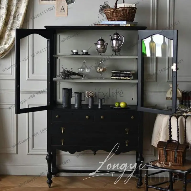 XX French Retro Solid Wood Wine Cabinet Carved Storage Medieval Furniture Display Side Cabinet