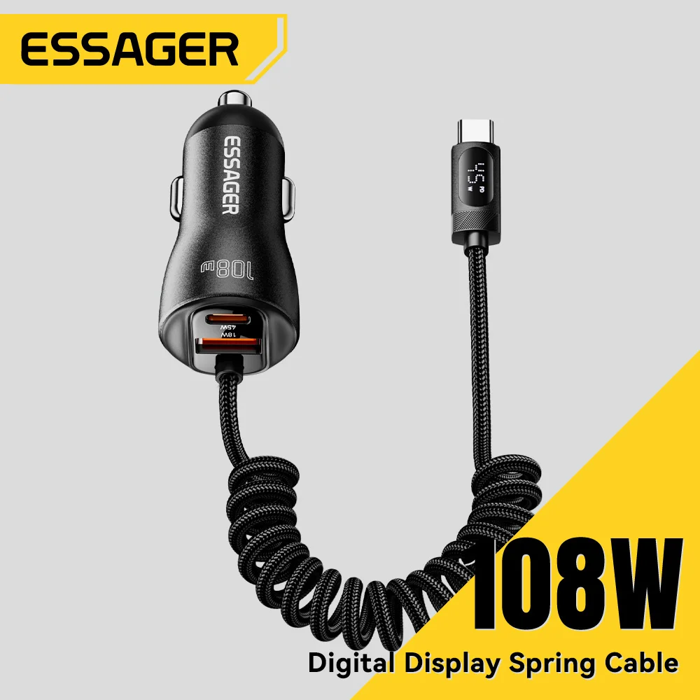 Essager 108W Car Charger with USB-C & USB-A Ports PD QC4.0 Fast Charging Digital Display Spring Cable for iPhone 17 16 15 14pro