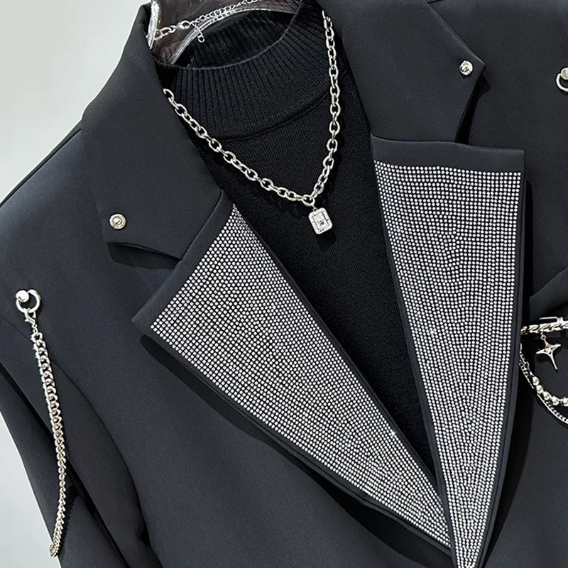 PFHQ Korean Versatile Trendy Suit Jacket Trendy Diamond Design Metal Chain Decoration 2024 Luxury Long Sleeve Male Tops 21Z5453