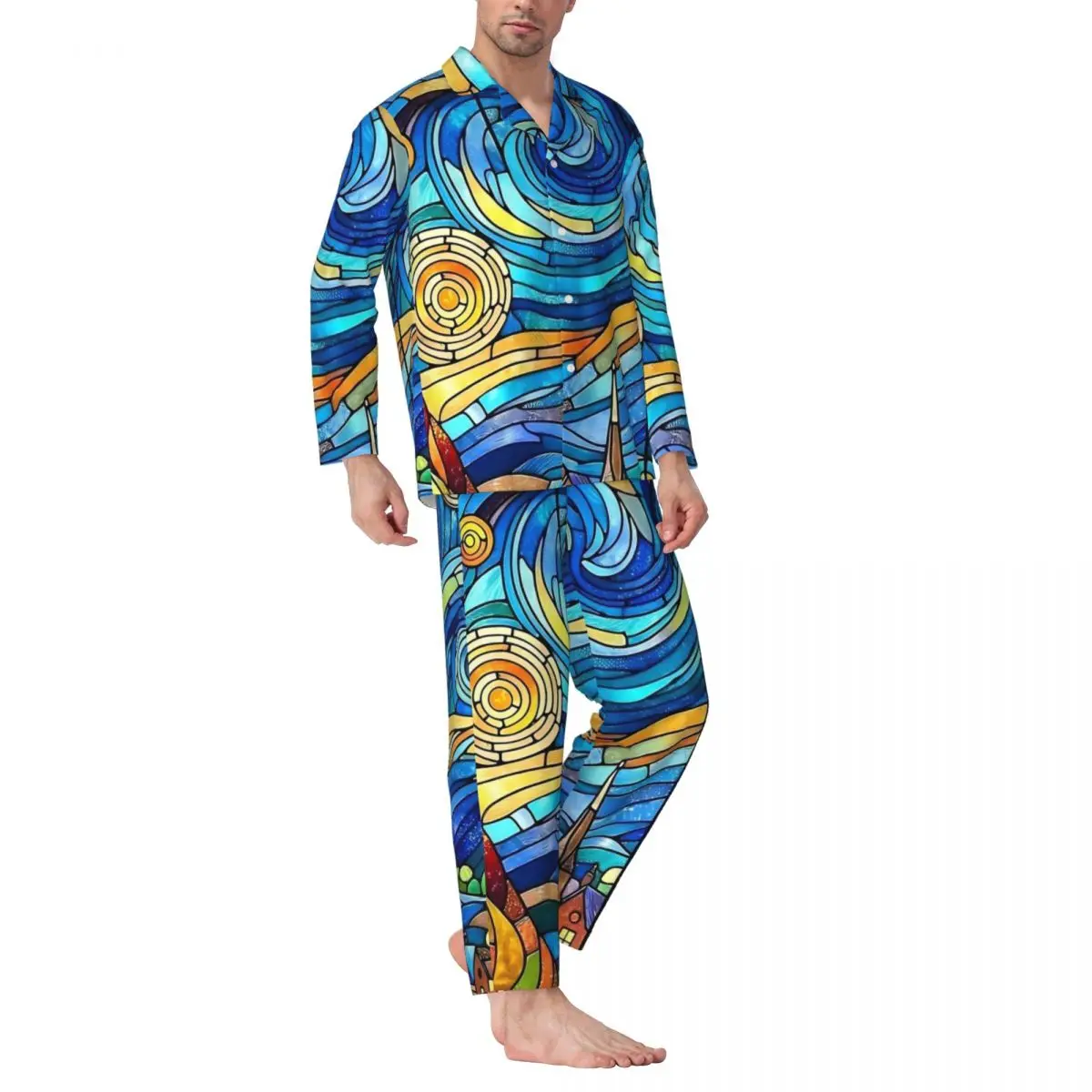 A noite estrelada pijamas primavera vitral impressão casual solto conjunto de pijama de grandes dimensões masculino manga longa romântico sono casa terno