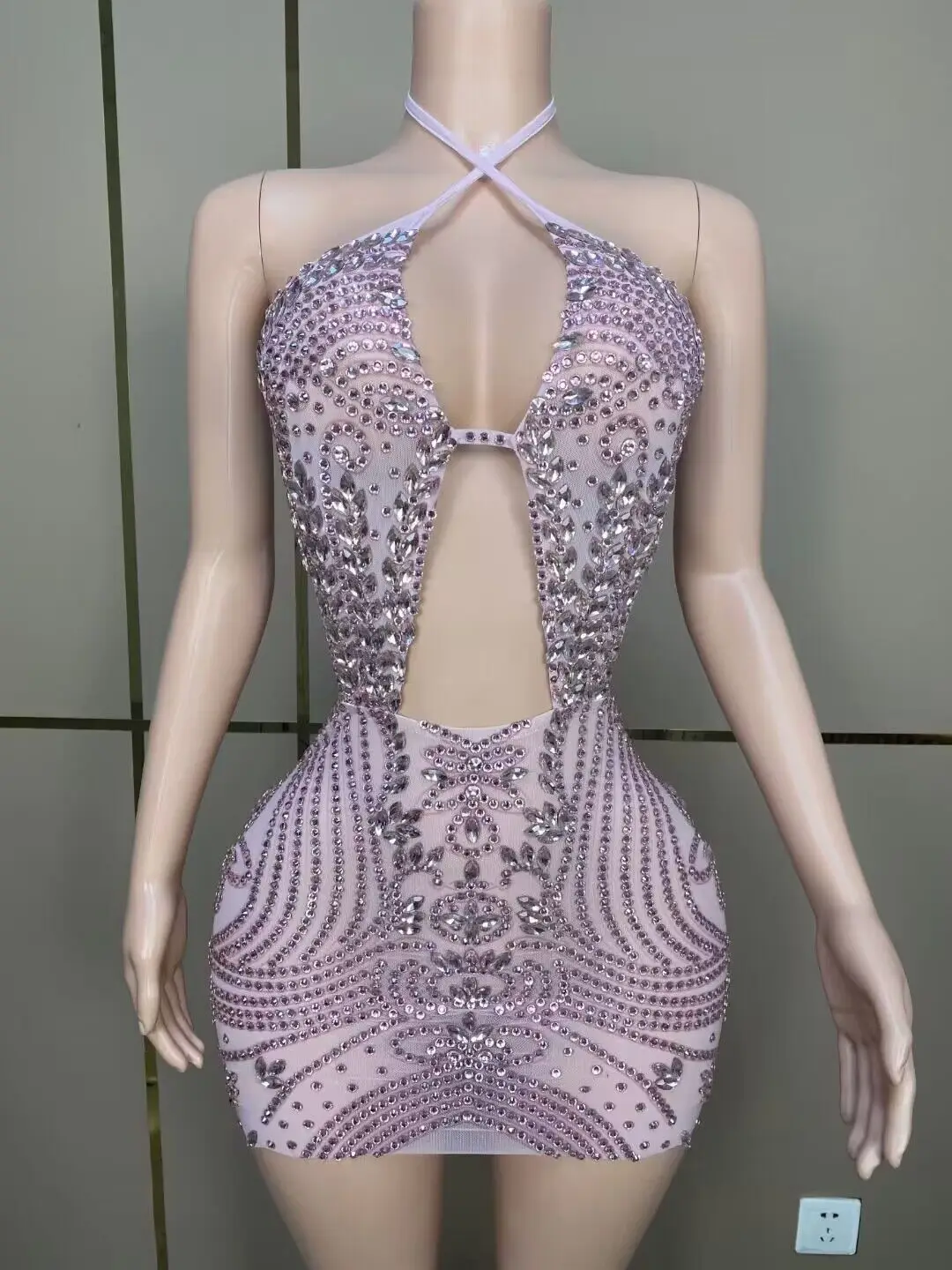 

Customized Women Sexy Halter Big Crystal Bodycon Mini Dress Mesh Sexy Backless Nightclub Party Celebrate Dress Wholesale