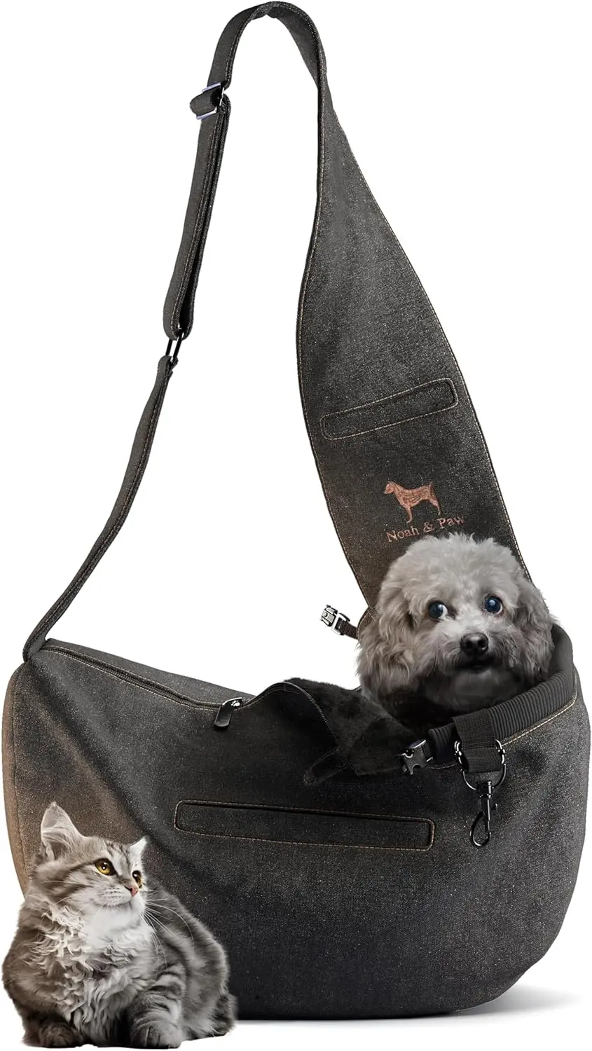 

Dog Sling Carrier for Small Dogs 5-18lb, Adjustable Padded Strap, Denim Lined with Fur, 3X Safety Features, Machine Washable