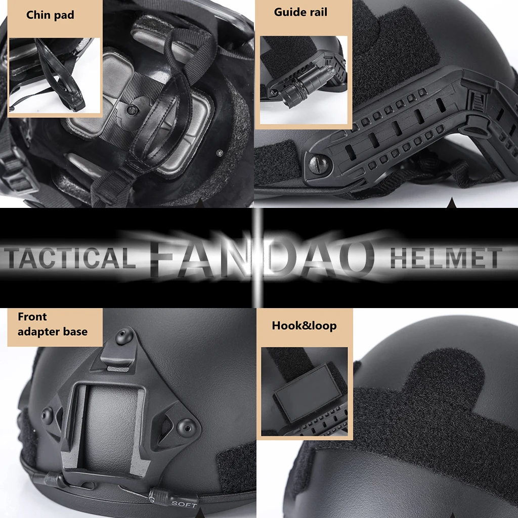 1.5 Kg Black FAST Helmet Set, 8Mm Thick Tactical Training Helmet, With Goggles, Flashlight, Hood, Headset