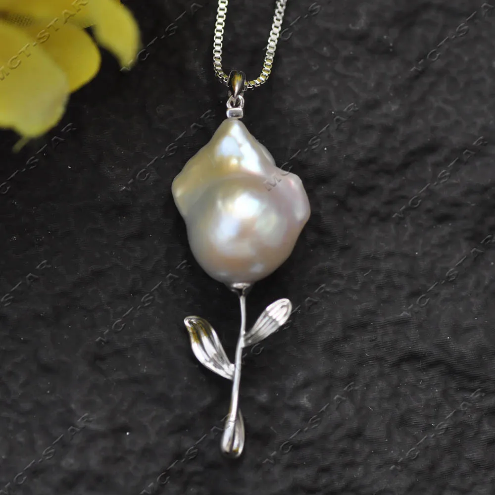 

Z13725 2 Style 19mm White ROSE Leaf Baroque Keshi Pearl Pendant Chain 925 sterling silver