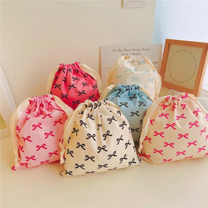 Cute Pink Bowknot Print Travel Skincare Drawstring Storage Bag Makeup Bag Underwear Clothing Storage Bag