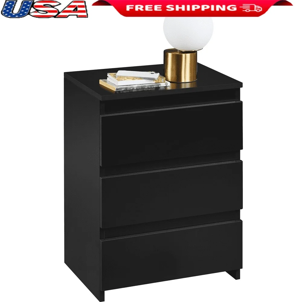 

Vertical Nightstand with 3 Drawers Compact Storage Table Bedroom Living Room Home Office All Ages MDF Black Finish