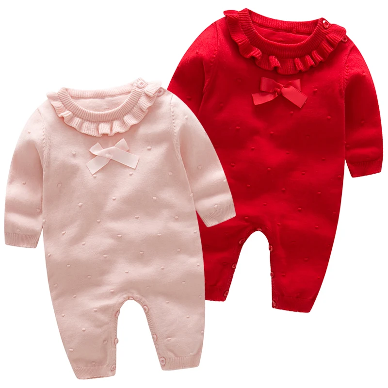 

Autumn Baby Knitted Rompers Bow Cotton Babies Clothing Winter Newborn Baby Girls Knitt Princess Long Sleeves Jumpsuit Knitwear