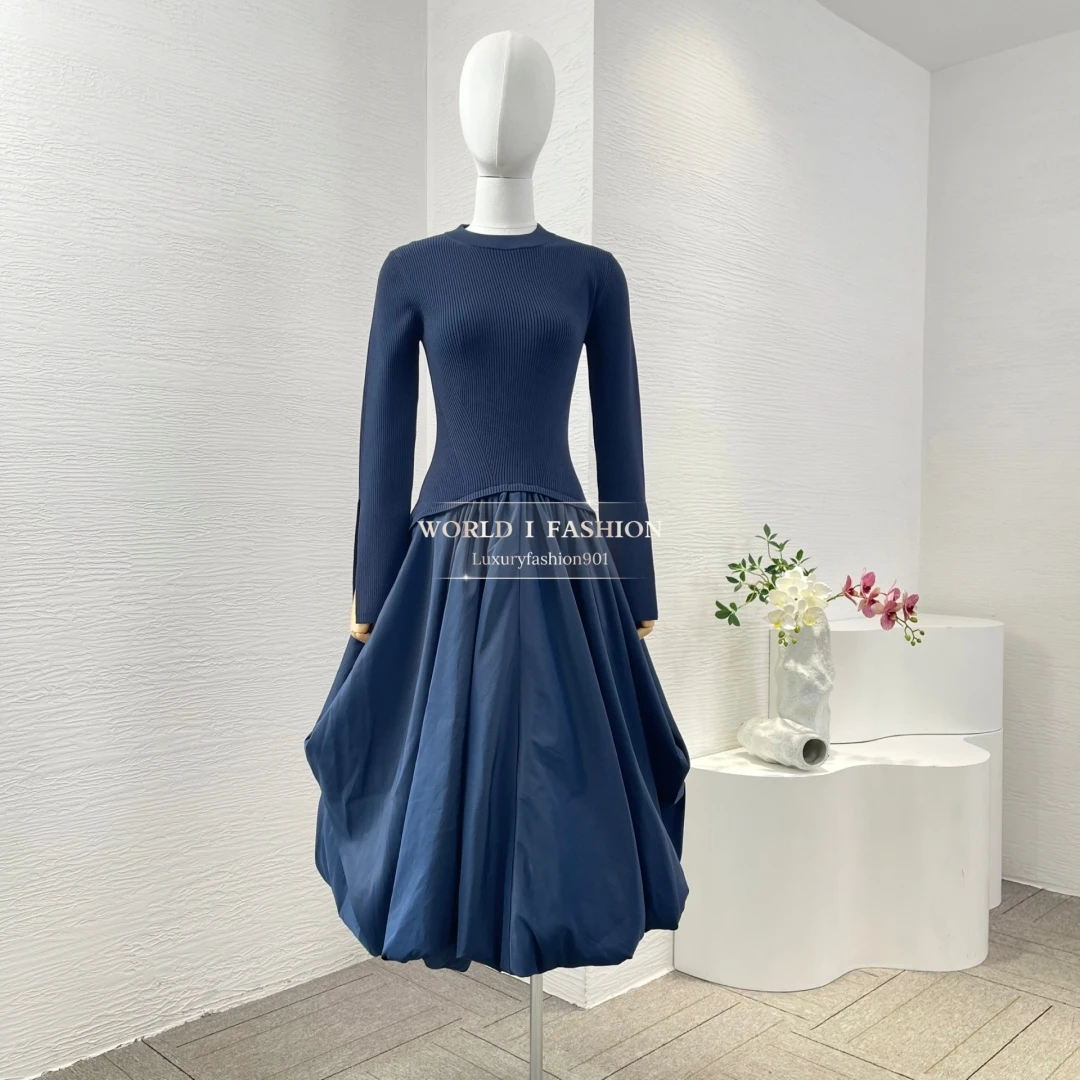 

2025 New High Quality Purple Yellow Sky Dark Blue Long Sleeve Cut Out Midi Dresses Summer for Women