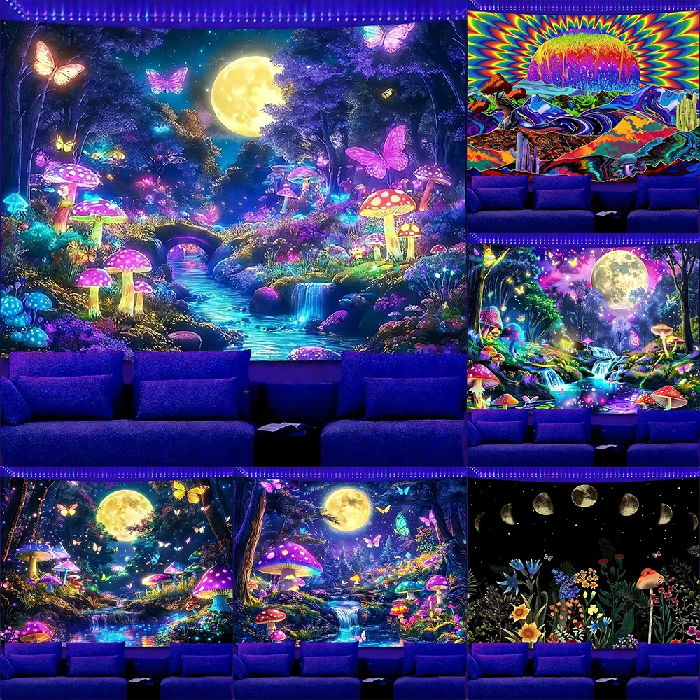 

Glowing Tapestry with Moon and Mushrooms UV reaction tapestry background decoration wall hanging bedroom party decoration