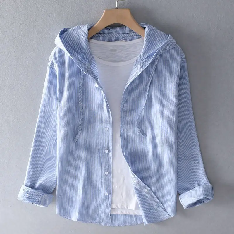 Hot Selling IL6 Men's Linen Shirt Summer Casual Hooded Long Sleeved Shirt Lightweight Cotton Linen Breathable Sunscreen Top