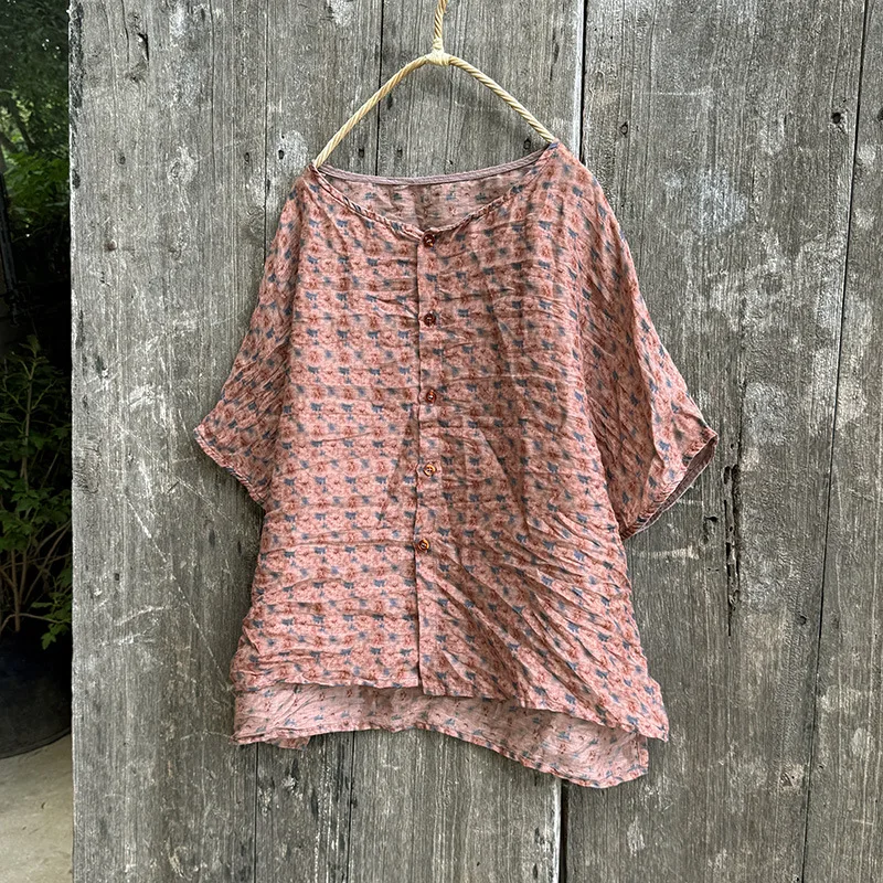 Floral impresso manga curta único botão ramie blusa feminina literária casual camisas de peso fino casual verão topos robe
