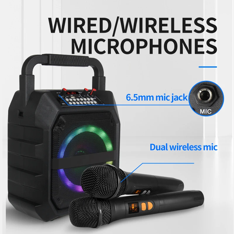 Mesin Karaoke portabel dengan 2 mikrofon nirkabel lampu warna LED dan speaker Bluetooth genggam untuk sistem PA dewasa dan anak-anak