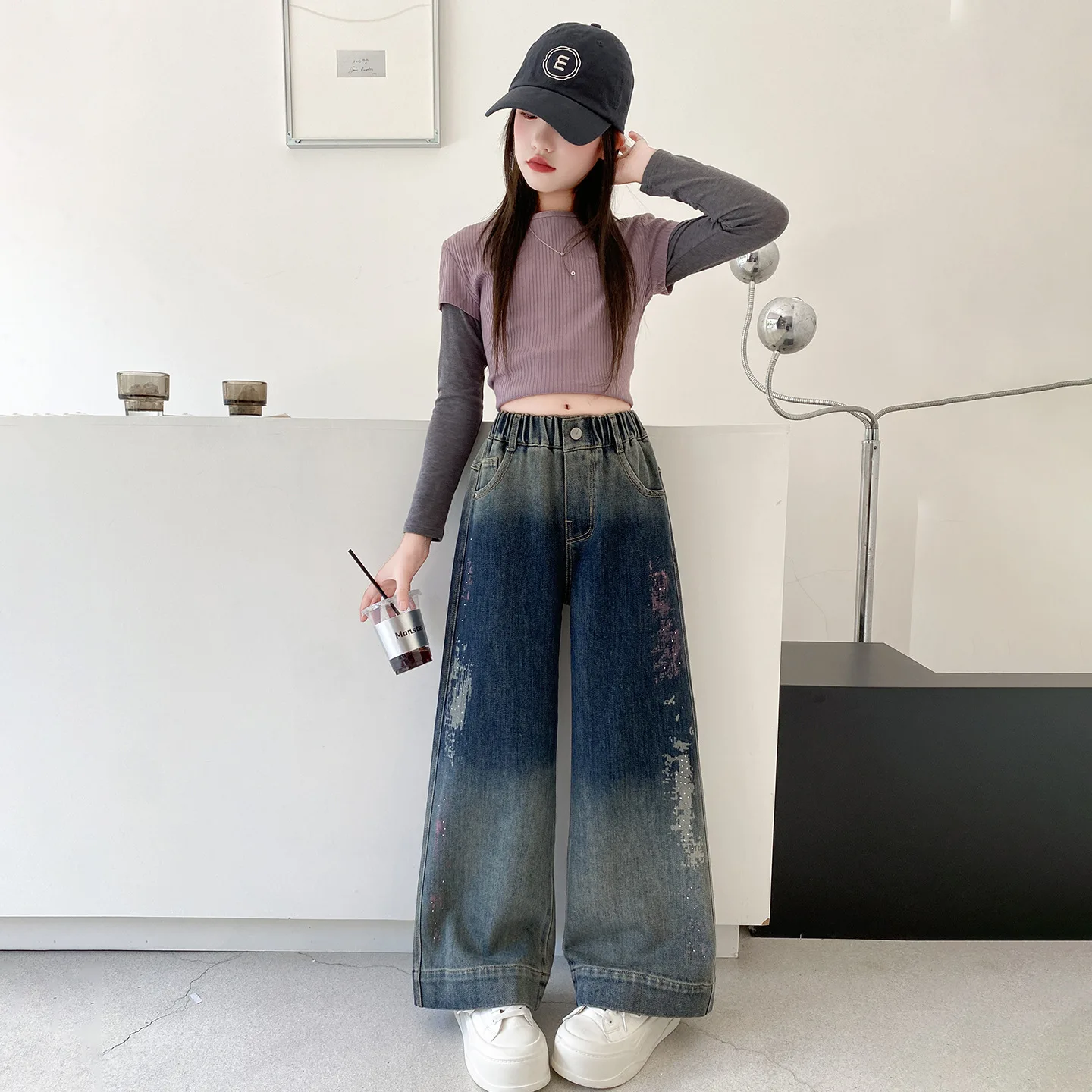 أزياء الأطفال جينز مستقيم الساق مع التعادل صبغ للأطفال السراويل الزرقاء Sweatpants الفتيات العصرية شارع العليا الدنيم السراويل