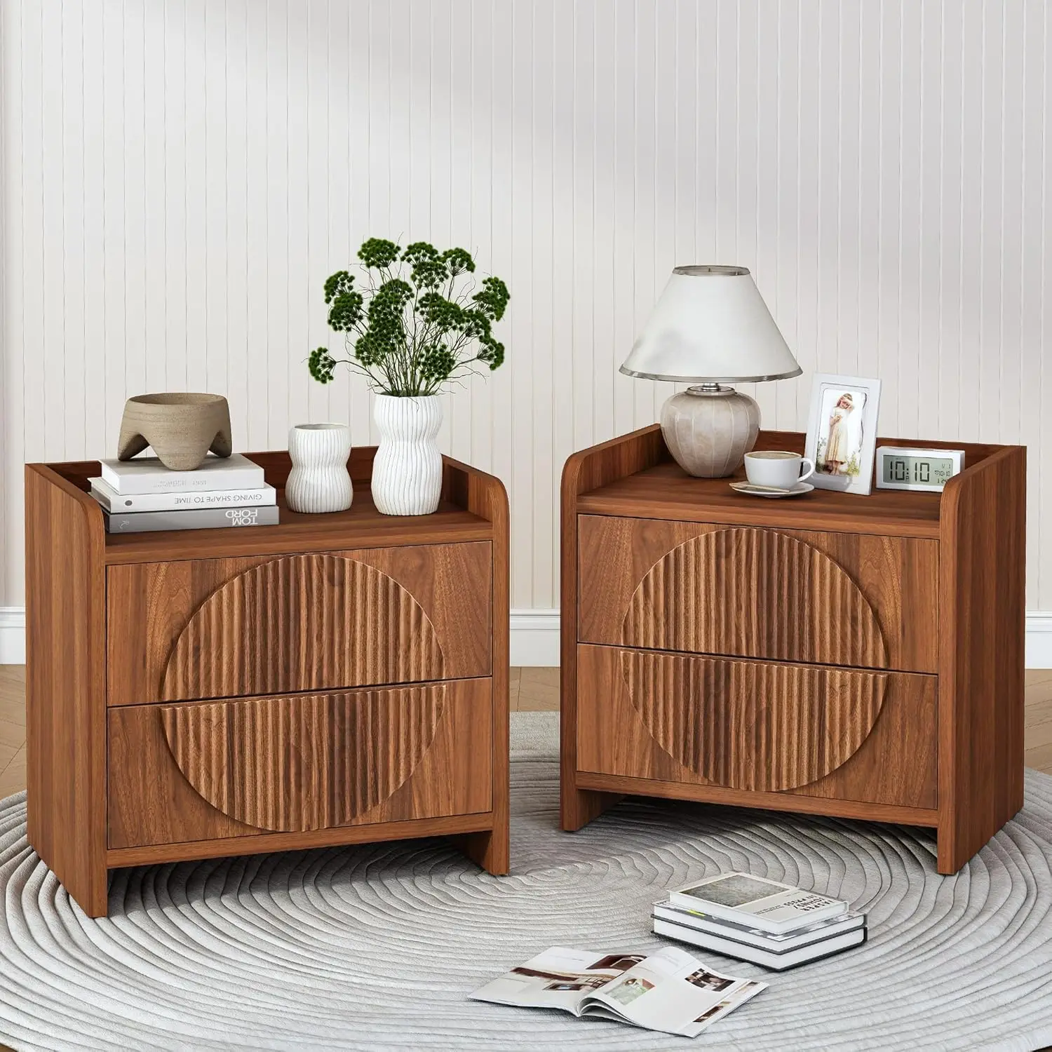 

24" Fluted Nightstand Set 2 Drawers Mid Century Bedside End Table Storage Bedroom Office Customized