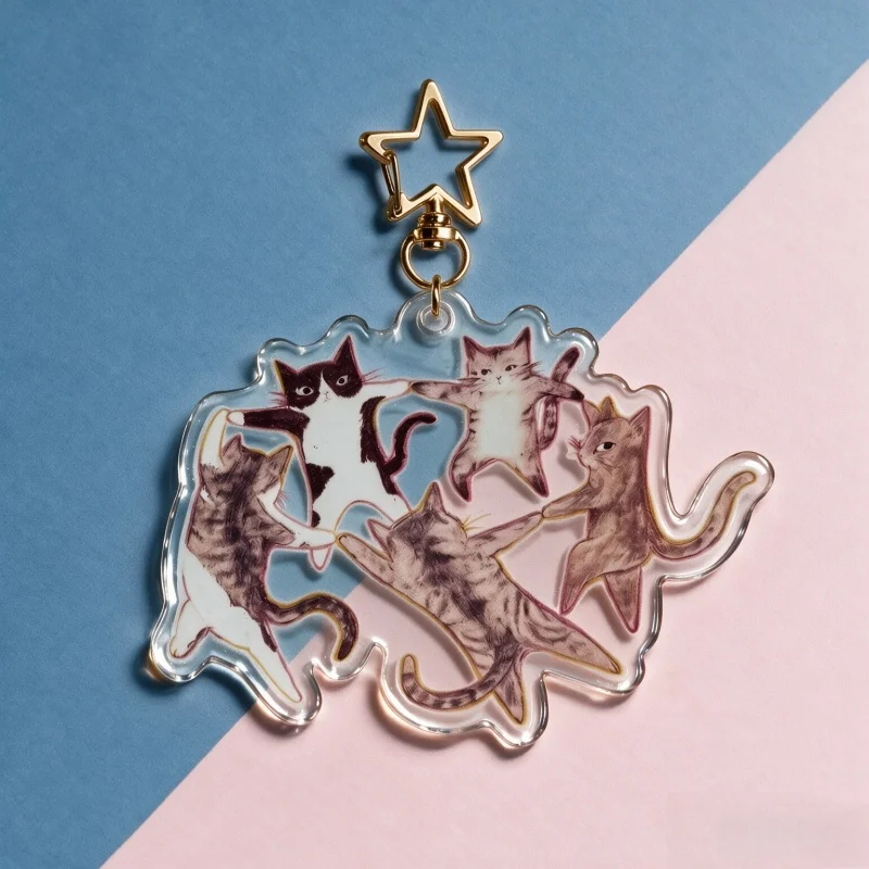 Cat Dance Acrylic Keychain Hand Drawn Tabby Kitten Bag Charm Star Clasp Animal KeyRing Cute Pet Lover Gift Backpack Pendant