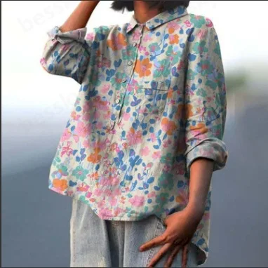 2024 European and American style autumn new long sleeved Chinese style printed fashionable versatile collared shirt