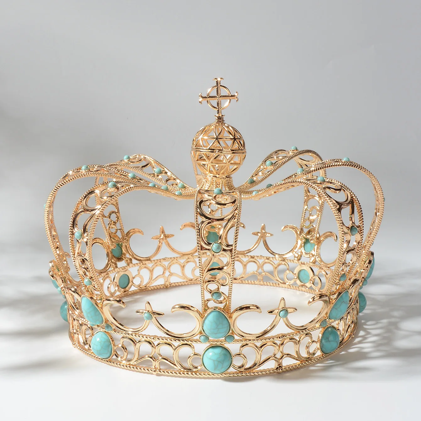 Luxury Royal King Tiaras Men Prince Round Gold Medieval Crowns Red Crystal Cross Witch Pageant Diadem Costume European Headpiece