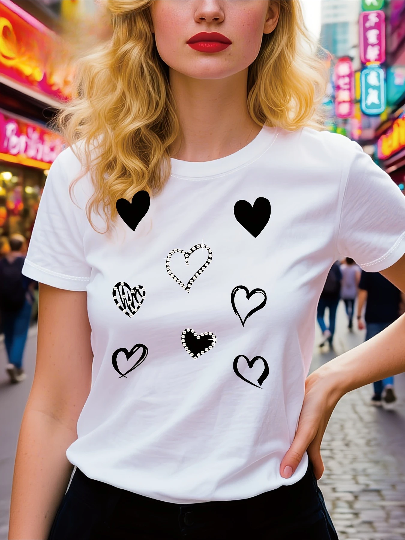 

Women's T-shirt and Comfortable White Heart Pearl Heart Pattern Printed T-shirt Sleeved Round Neck Spring and Summer Casual Top
