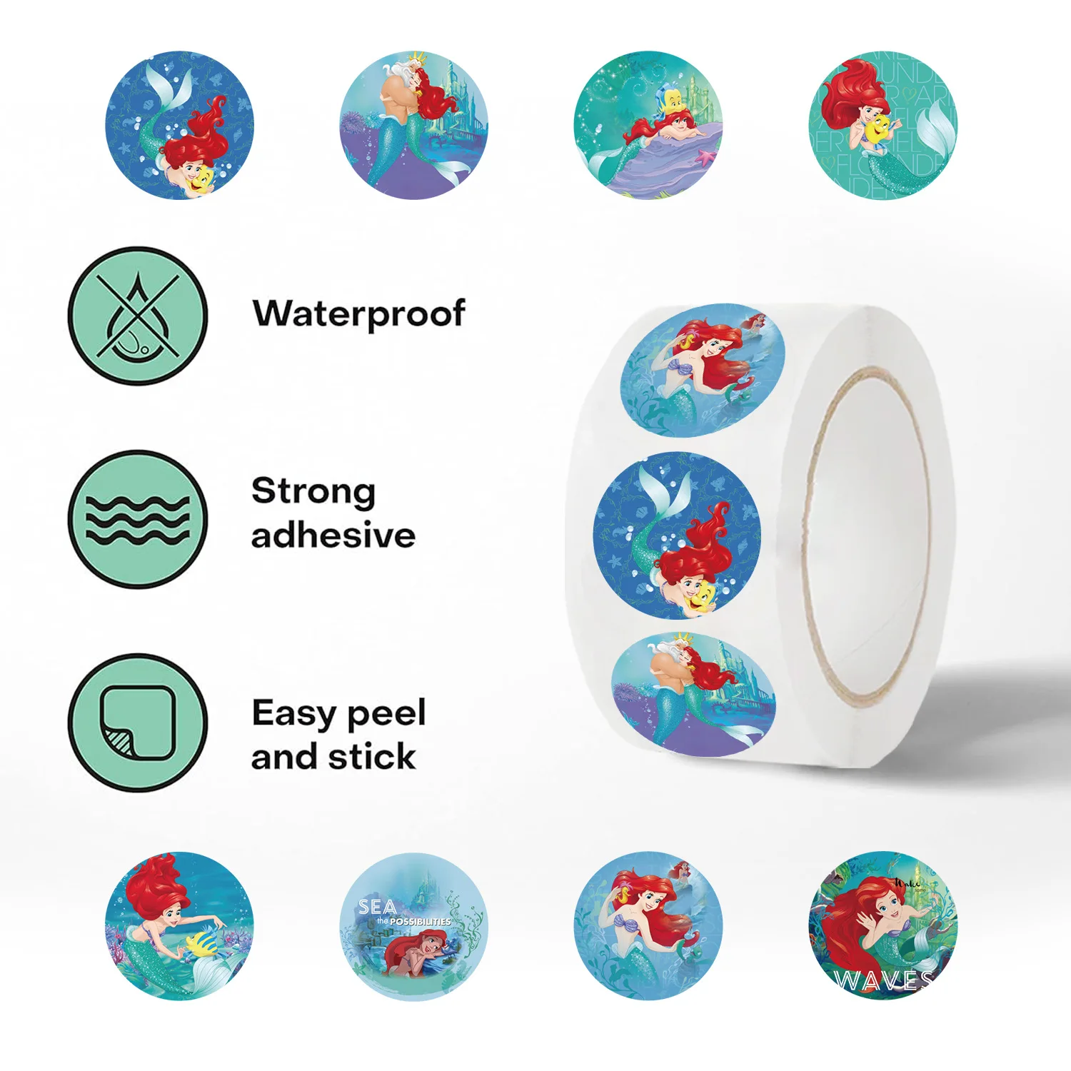 500 stks/rol Nieuwe Cartoon Disney Zeemeermin Prinses Serie Afdichting Stickers DIY PVC Laptop Decals Decoratie Beloning Gift Speelgoed