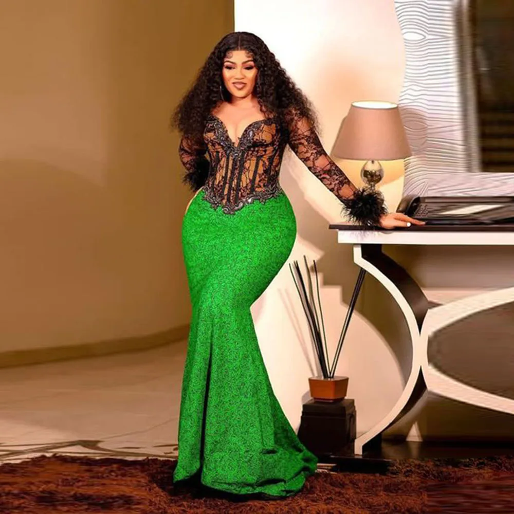 Black And Green Lace Prom Dresses Aso Ebi Style Plus Size Mermaid Evening Gowns African Women Wedding Party Dress Robe De Soiree