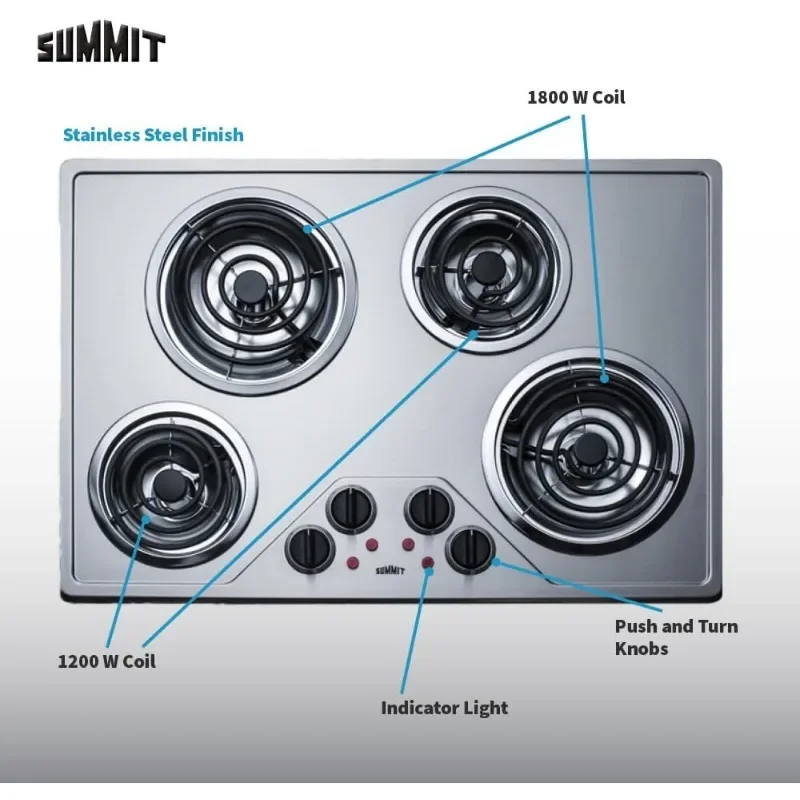 Cooktop elétrico de 30" com 4 queimadores, fogão elétrico com bobina de 230 volts, compatível com ADA, aço inoxidável - CR430SS