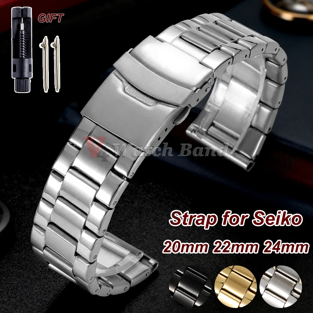 Correa de reloj de Metal semisólido, correas de 20mm, 22mm y 24mm para pulsera de acero inoxidable Premium Seiko, accesorios para reloj de mujer y hombre