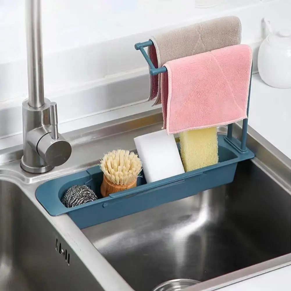 Hollow Drainage Holes Organizer Telescopic Sink Storage Shelf with Towel Rack for Kitchen Organization Drainage for Easy