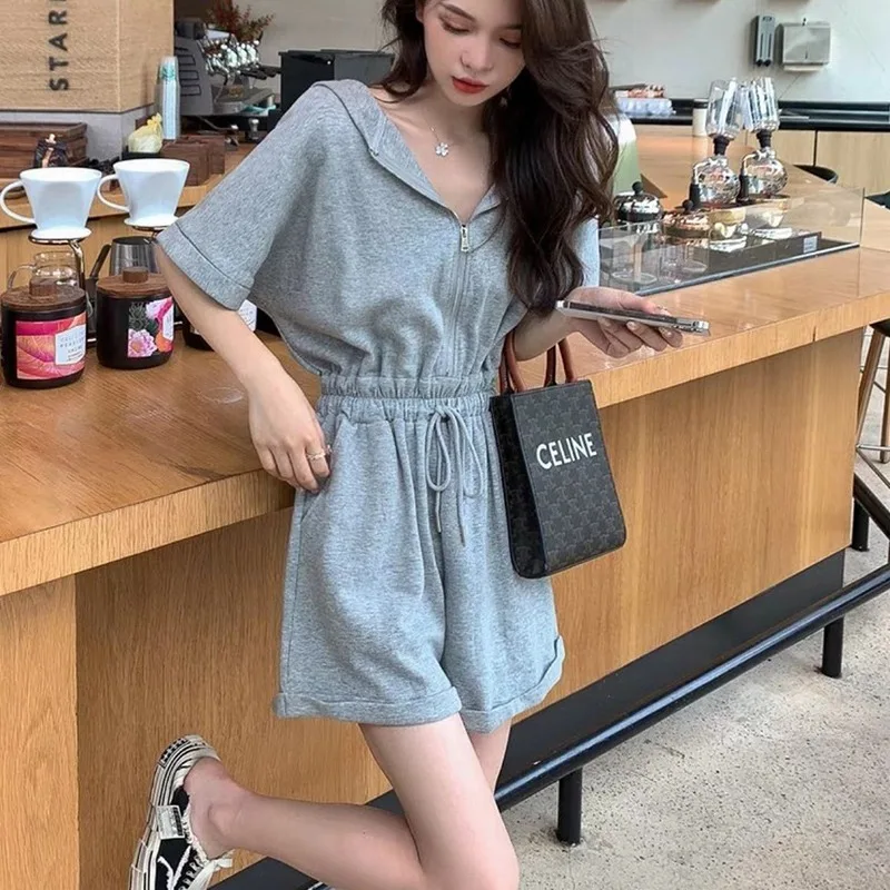 Summer New French Jumpsuits Women Casual High Waist Thin One-piece Hooded Solid Color Short Sleeve Rompers Shorts Set Female