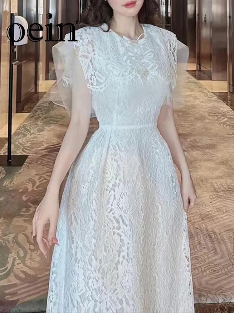 

[oein] designer new round necked, sleeveless, chest wrapped, high waisted, slim and elegant lace dress