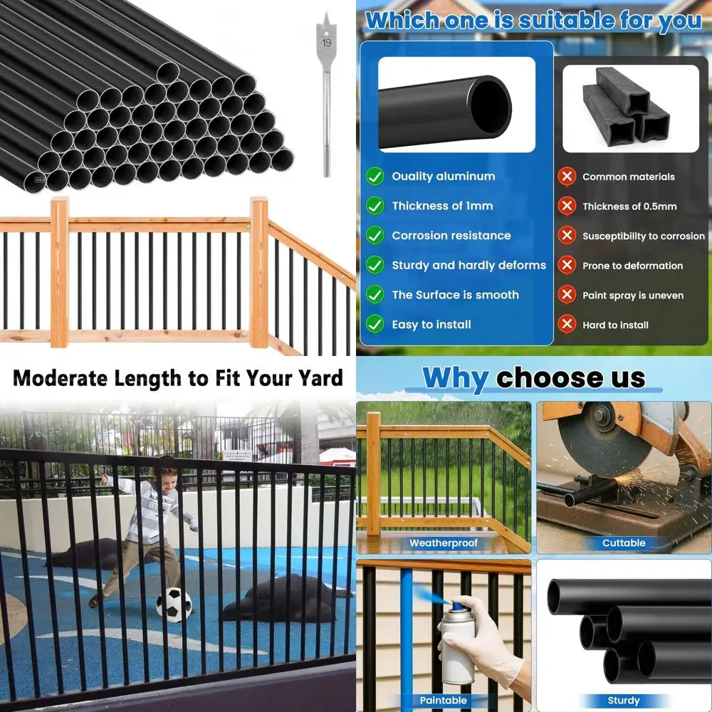 

36 Hollow Round Powder-Coated Metal Balusters for Deck, Porch, and Stair Railing - Weather-Resistant Black Spindles