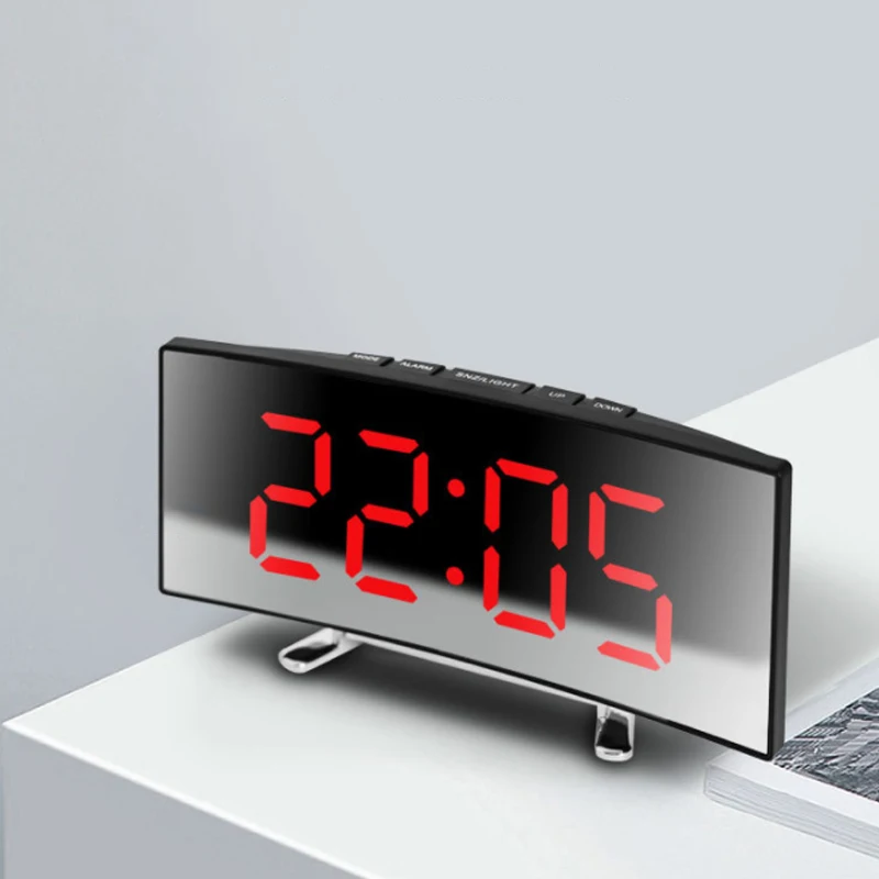 Creative Curved Electronic Clock LED Large Mirror Alarm Clock Silent Smart Desktop Clock Living Room Mirror Clock