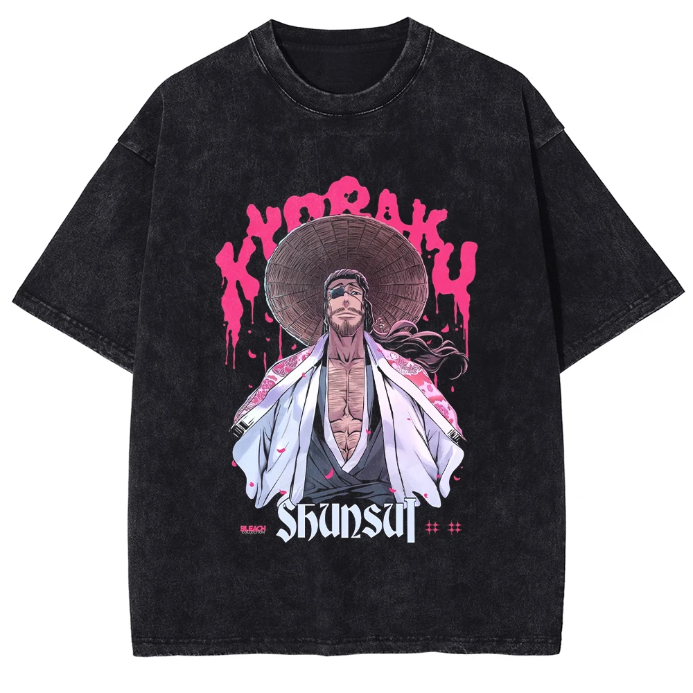 BLEACH T Shirt Manga Kurosaki Ichigo Print T-shirt Men Unisex Clothes Vintage Washed Streetwear Short Sleeve Cotton Tee Shirt