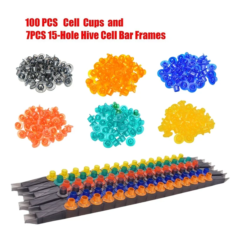 

7 PCS 15-Hole Cell Bar Frames with 100 PCS Cell Cups Bar Kit Queen Bee Plastic Rearing Cage Beekeeping Tools Equipment