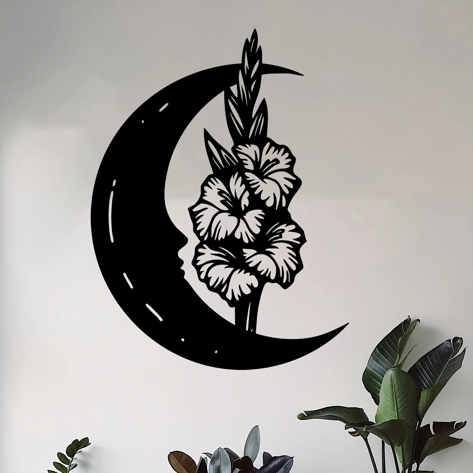 Moon gladiolus metal wall art, moon flower iron wall decor, celestial floral wall sculpture, bedroom boho wall hanging