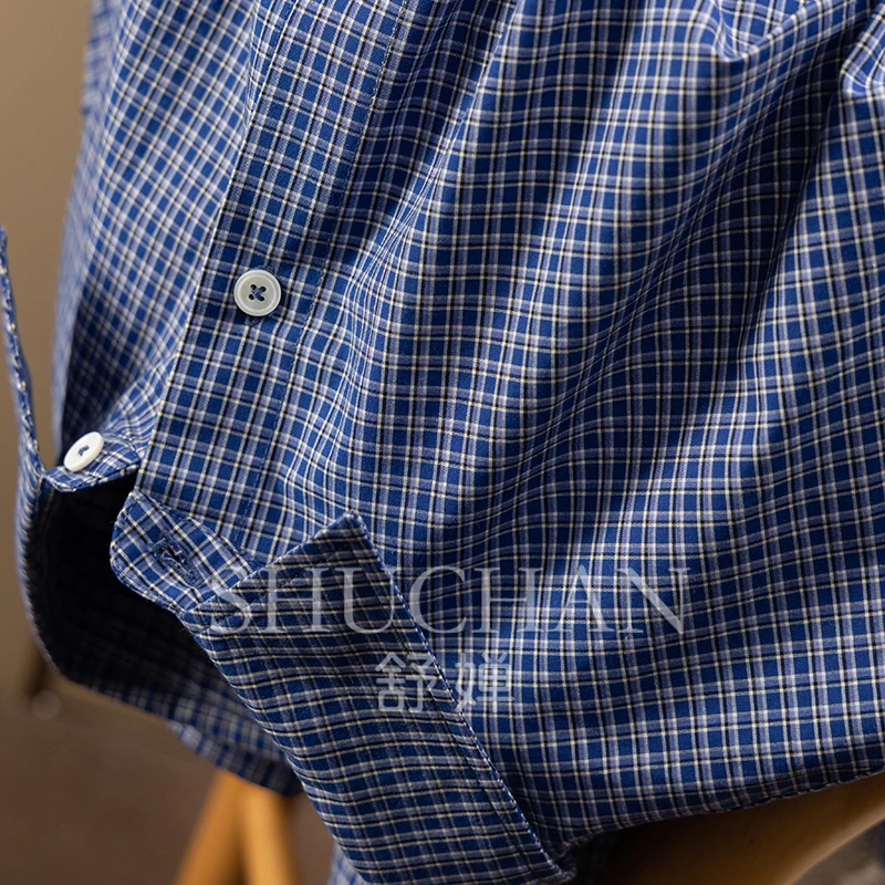 High Waist Perfect Match High-end Classic Fashion Plaid Pure Cotton Long-sleeved Short Shirt Women 4W34