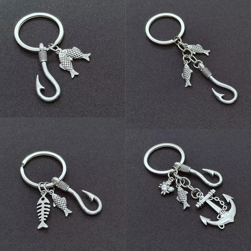 Fishing Hook Keychain Fashion Sea Fish Keyring Backpack Charms Chain Pendant Key Holder Jewelry Gift Fisherman Key Accessories