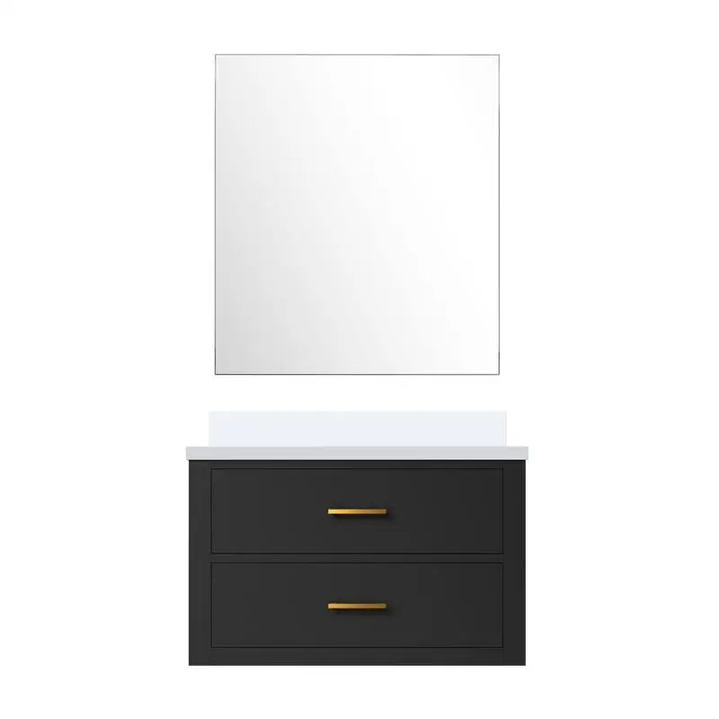 حمام فردي أسود مقاس 30 بوصة مع سطح كوارتز أبيض مقاس 22 بوصة ومرآة مقاس 28 بوصة