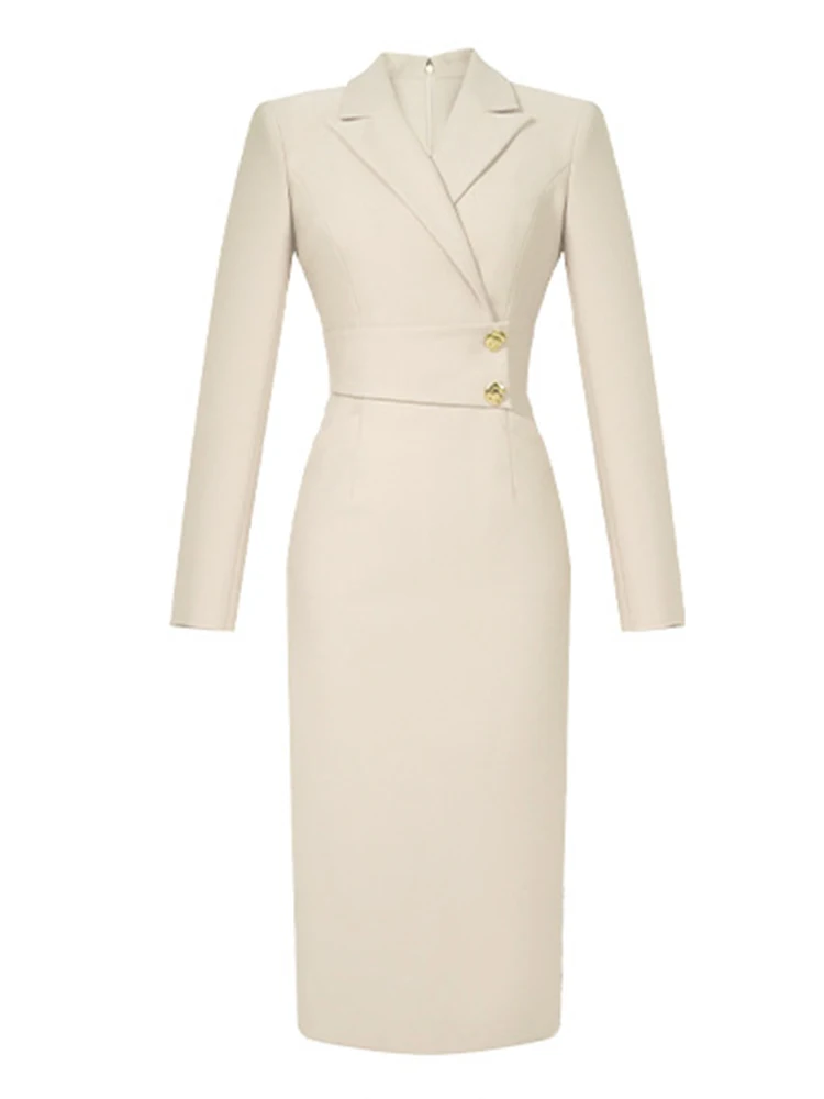 Women Clothes Work Style Business Simple Lapel Slim Midi Pencil Dress Elegant Ladies Formal Occasion Vestidos Casual Commute New