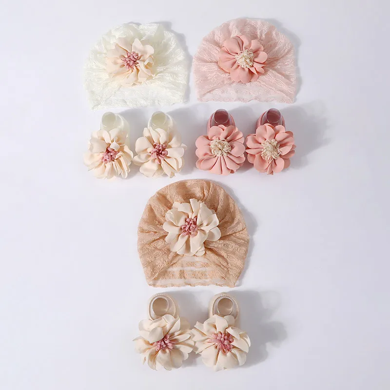 

Floral Baby Socks Turban Cap Set Spring Summer Cotton Footwear Flower Beanie Princess Girl Indian Hat Newborn Lace Hairband 0-1Y