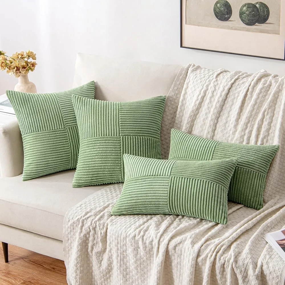 Green Textile Throw Pillow Covers 18x18 Inch for Living Room Couch Bed Sofa Soft Striped Corduroy Square Cushion Case 45x45 Cm