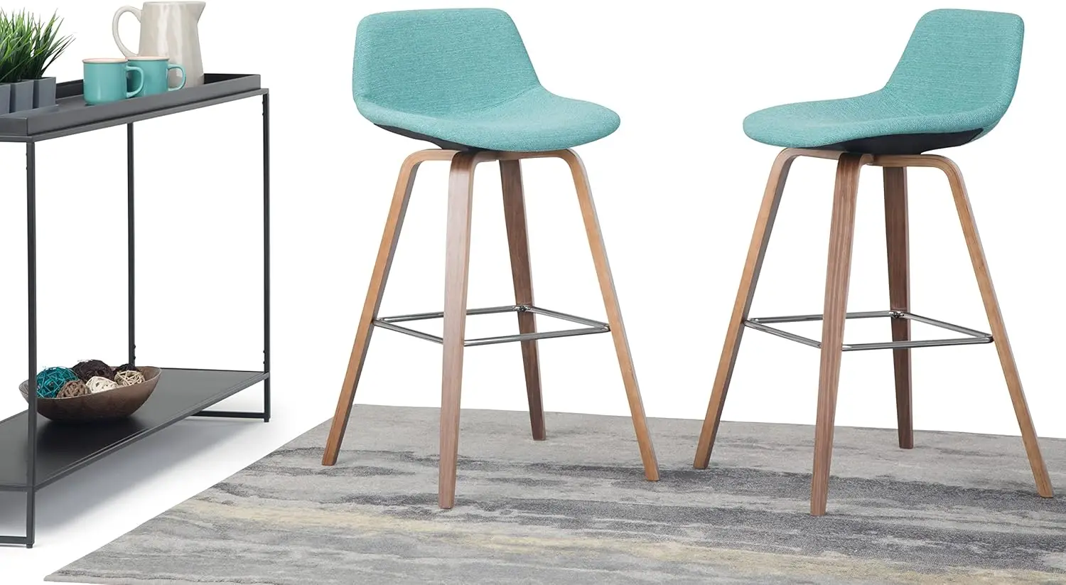 26 Inch Mid Century Modern Bentwood Counter Height Stool (Set of 2) in Aqua Blue Linen Look Fabric, For the Dining