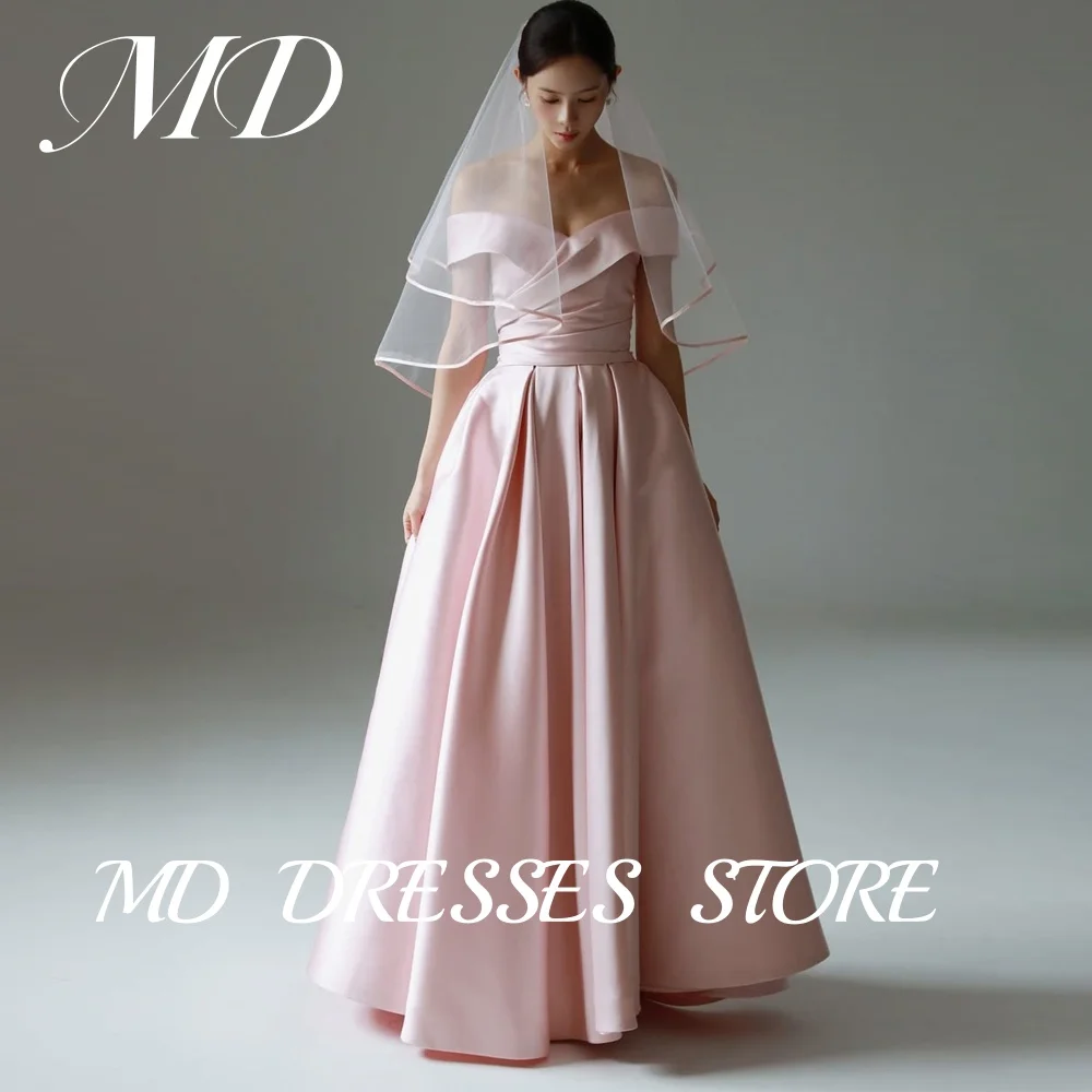 

MD Elegant Pink Off Shoulder A-line Wedding Dresses Satin Korea Photoshoot Floor Length Evening Party Dress Customized Prom Gown